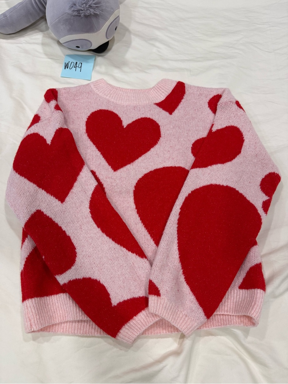 Women's Pink Crewneck Sweater with Red Heart Motif